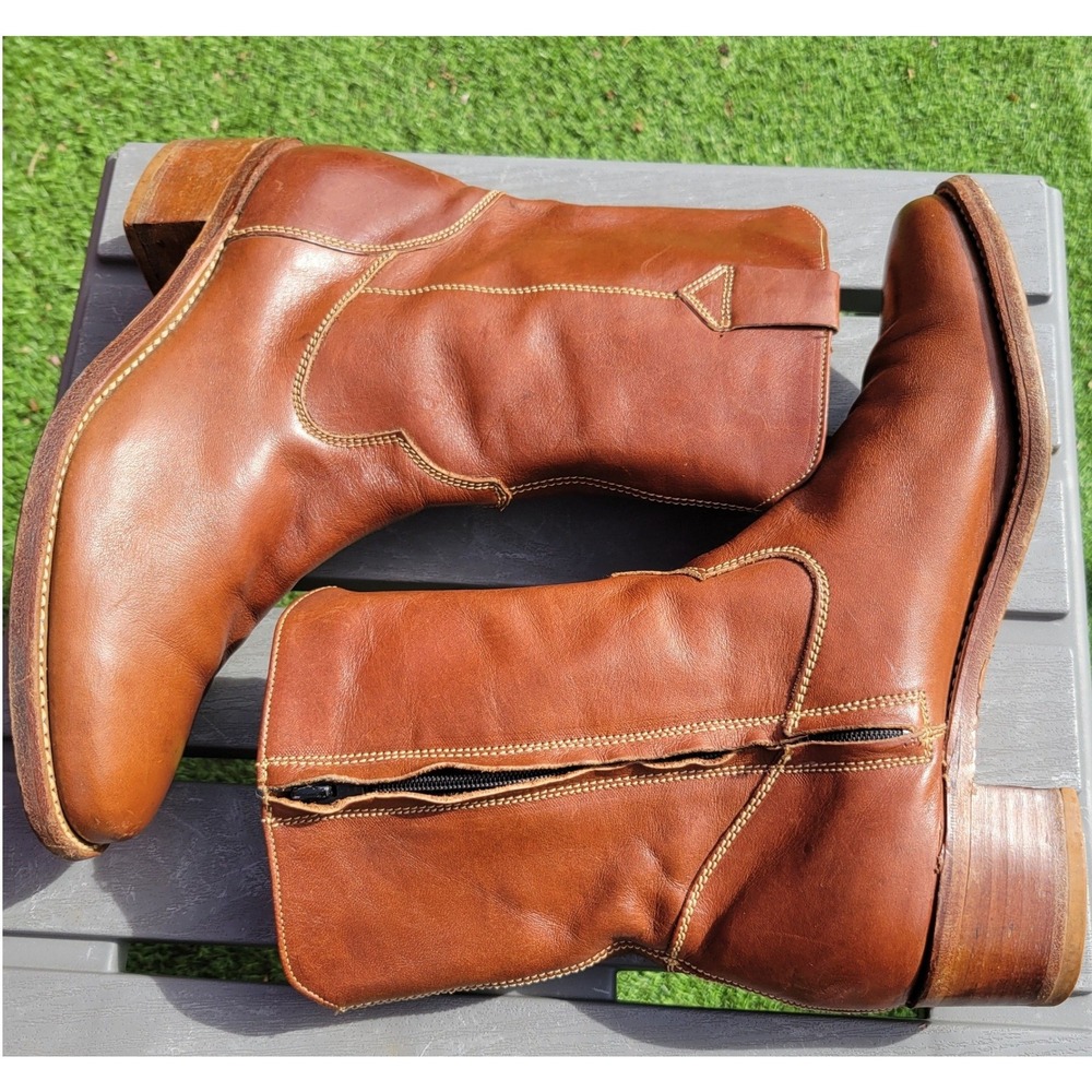 Vintage Florsheim Mens Brown Leather Western Side Zip Boots 10.5